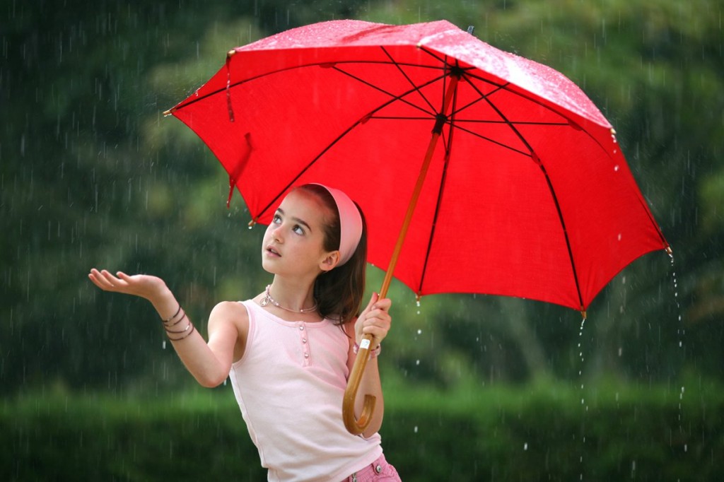 young pretty girl umbrella rain srinking
